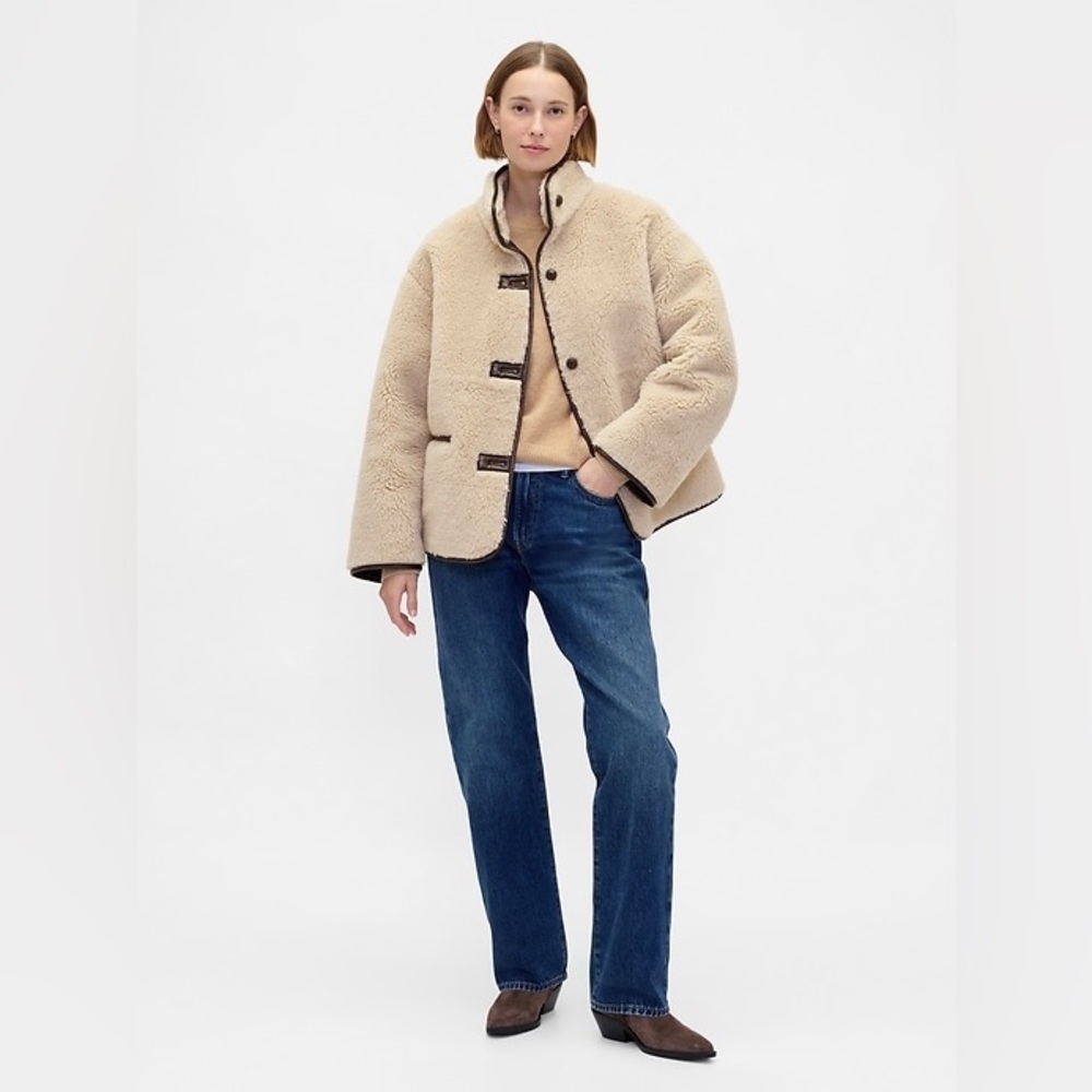 NWT Gap Cream Sherpa & Faux Brown Leather Oversized Jacket Coat Size L Vegan - Picture 3 of 16